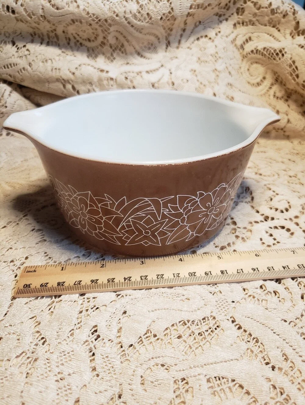 Pyrex Brown and White Floral Casserole Dish